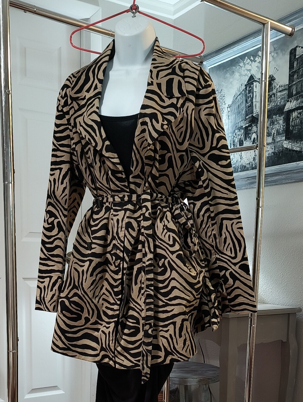 Dana Buchman Zebra-Print Tie-Waist Trench Coat - Black & Tan XL